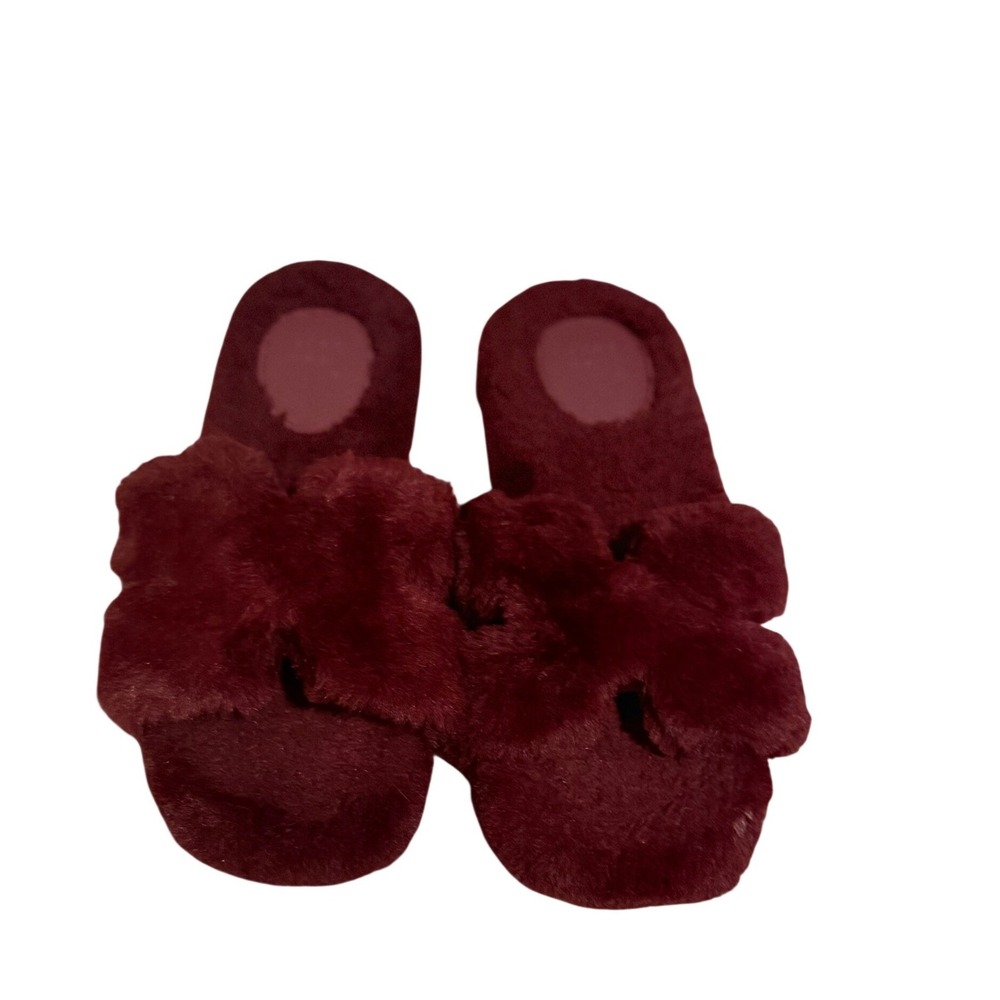 A New Day Womens Burgundy Faux Fur Cross Band Slide Slippers Size 9